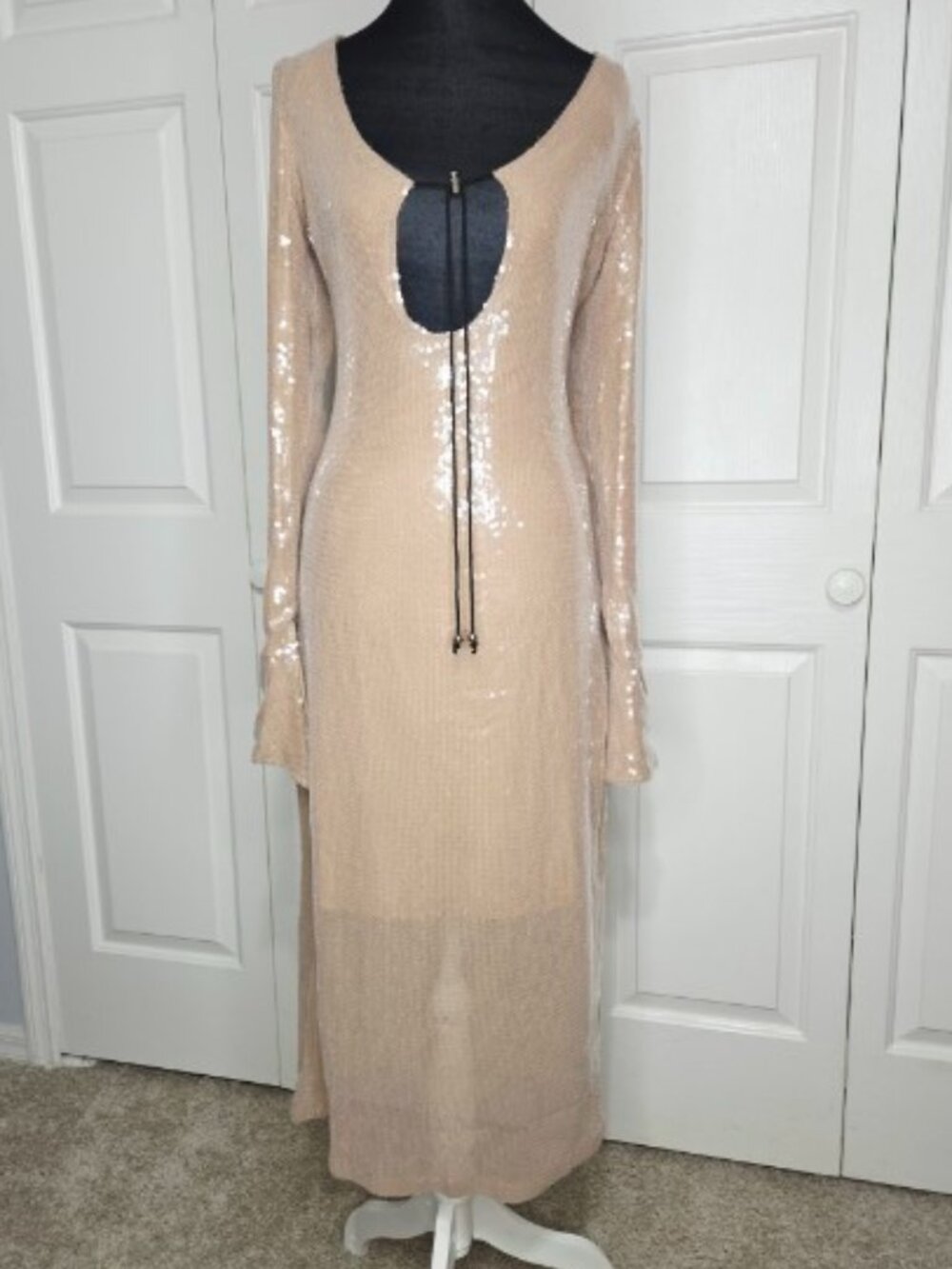 meilun Deep V Dress with Drawstring Long Sleeve Sequin Dress Size Large